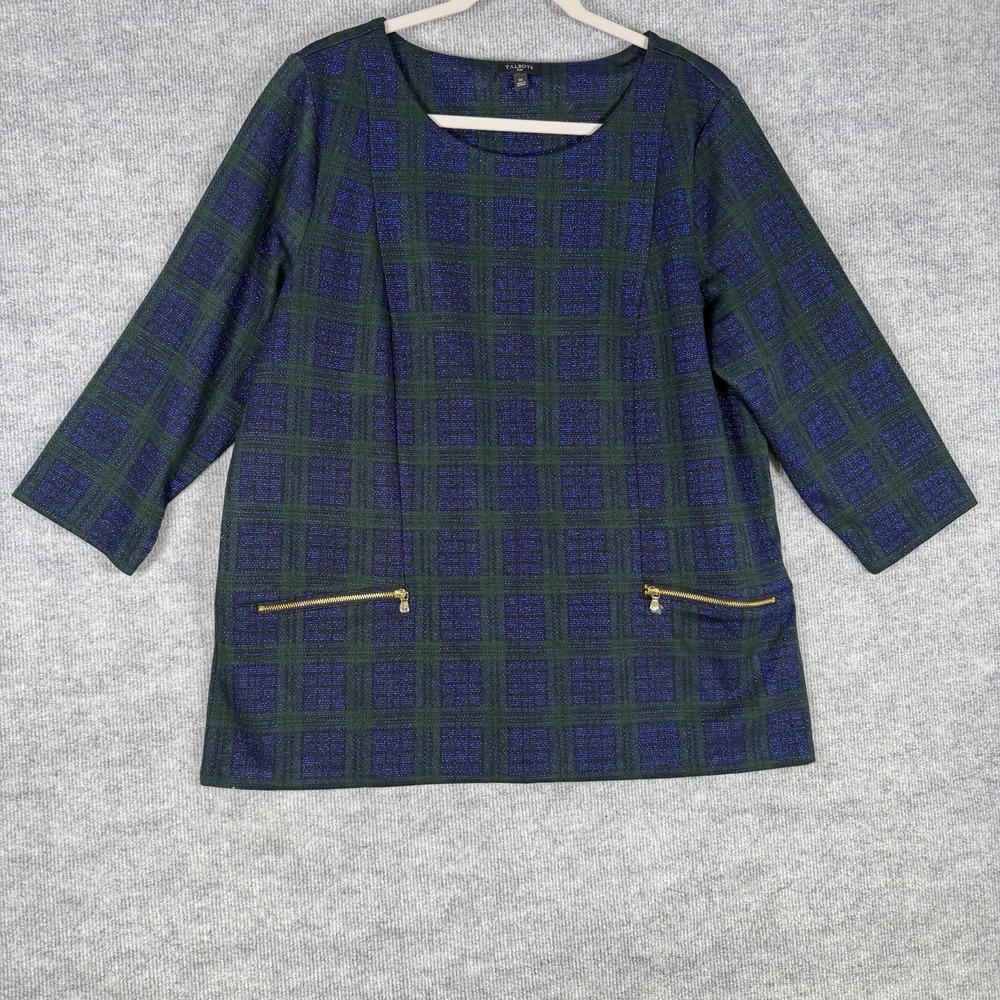 Talbots Size-1X Women Blouse Top Blue Green Plaid Round Neck Pockets Pullover